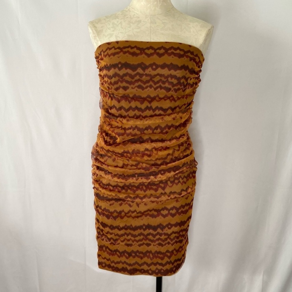 Zara tortoise shell brown print bodycon ruched mesh strapless dress NWT